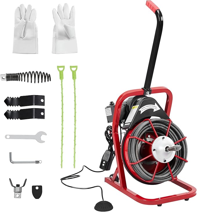 75Ft 3/8 Inch Electric Drain Cleaner Machine Auto Feed Drain Auger for 1 to 4 Inch Pipes Professional Sewer Snake with 4 Cutters Gloves Heavy Duty Clog Remover