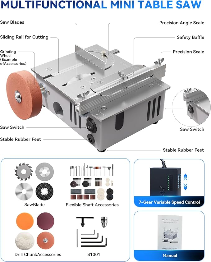 Mini Table Saw for Crafts, Multifunctional Portable Table Saws Adjustable Cutting Angle,Speed,SawDepth; Small Table Saw for Cutting, Grinding, Sanding All-in-one; Tablesaw
