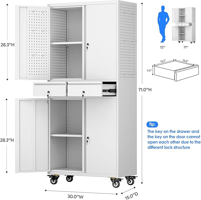 Garage Storage Cabinet with Wheels, Metal Storage Cabinet with 2 Drawers and 2 Adjustable Shelves, Metal Lockers with Pegboards for Homes, Offices, Kitchens, Schools and Pantries, White
