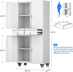 Garage Storage Cabinet with Wheels, Metal Storage Cabinet with 2 Drawers and 2 Adjustable Shelves, Metal Lockers with Pegboards for Homes, Offices, Kitchens, Schools and Pantries, White