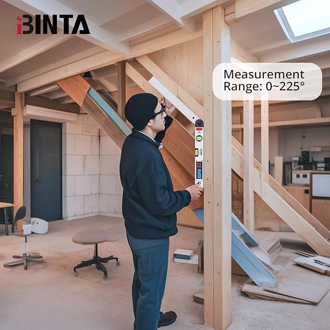 BINTA Digital Angle Finder 0-225° Range, Backlit LCD Aluminum Angle Finder Tool with Horizontal/Vertical Dual Bubble Meter Storage Bag for Woodworking, Machinery, Construction, DIY(Silver)