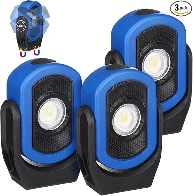 Retisee 3 Pcs 720 Lumens Magnetic Work Light USB Rechargeable LED Flashlight Portable Inspection Light for Car Repair Emergency Lighting Mechanics Workshop (Blue)