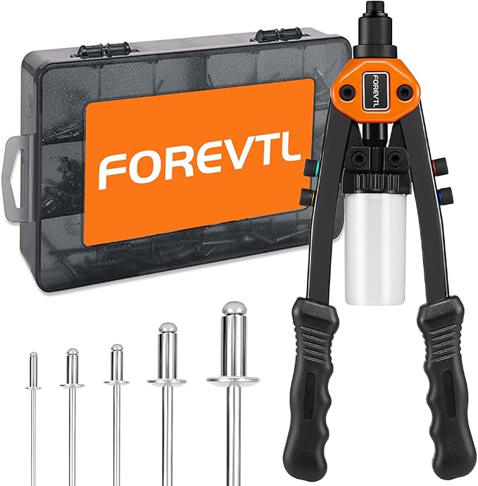 Rivet Gun Kit, 1/4 Pop Rivet Gun Kit with 210Pcs Blind Rivets and 5 Tool-Free Interchangeable Rivet Heads, 13" Heavy Duty Manual Hand Riveter Tool for Metal, Plastic & Automotive