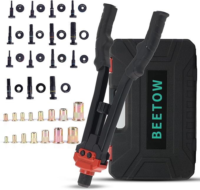 BEETOW Rivet Nut Tool Kit, 16 Inches Rivet Nut Gun, 15 Types Mandrel, 200 Pcs Rivet Nut in Two Box, a Carrying Storage Case