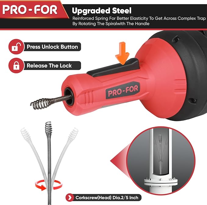 PFO-FOR Drain Auger for 3/4"-2" Pipe, Plumbing Snake Hair Drain Clog Remover, 16.5 ft Cable Unblocking Hand Auger Cleaner Tools, Manual Or Powered for Sink Kitchen Bathroom Shower Bathtub