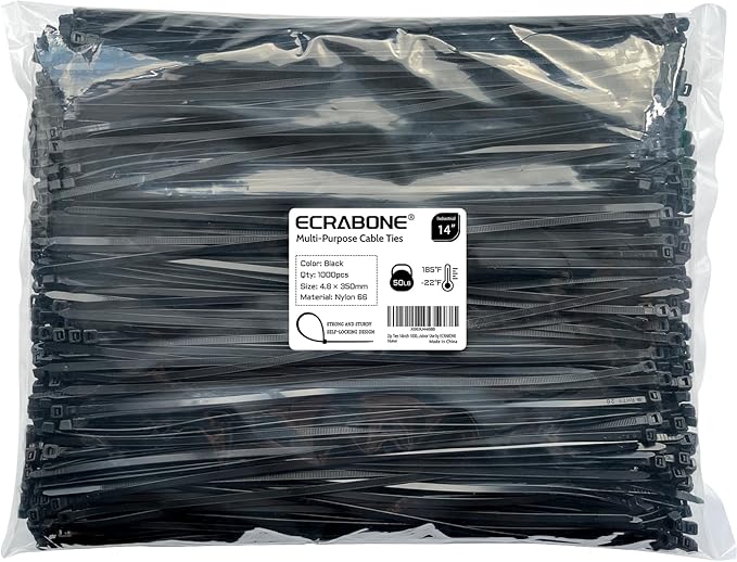 Zip Ties 14 inch 1000 Pack, Black Cable Zip Ties 50 lbs Tensile Strength Nylon Self-Locking Wire Ties Wraps for Outdoor and Indoor Use by ECRABONE