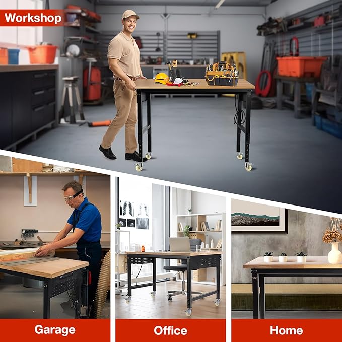 48" L×24”W Adjustable Workbench with Wheels, 28”-40”Height Heavy Duty Table 2000 LBS Load Capacity, Work Bench with Power Outlet & Pegboard, Rubber Wood Work Table for Garage, Office, Workshop