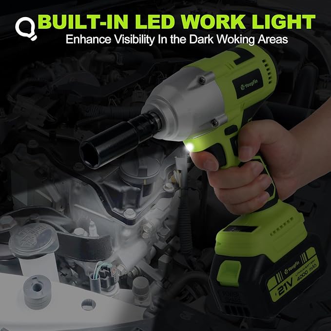 Yougfin Cordless Impact Wrench 1/2 with 550N.M High Torque & Brushless Motor, Power Impact Gun with Li-ion 4.0Ah Battery - Ideal for Automotive Repairs, Home Improvement, Green & Black