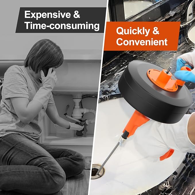 Drain Auger, Plumbing Snake With Drill Adapter, 35ft Heavy Duty Flexible Sink Steel Plumbing Auger Bathroom Hair Clog Removal Tool, Manual Or Powered - No auto retract or feed