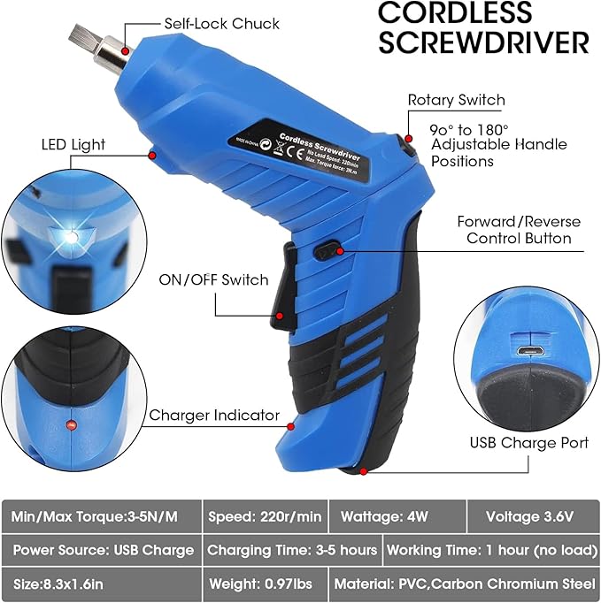 Cordless Electric Screwdriver, 3.6V Rechargeable Power Screwdriver with 47 pcs Accessories, usb charging, 3Nm Screw Gun, mini Carrying screwdriver set with LED Light Electric Power Drill Set