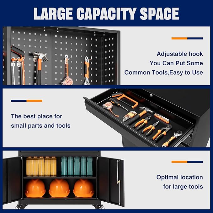 Yizosh Metal Garage Storage Cabinet with Wheels,3-Drawer Rolling Tool Cabinet with 2 Door and Adjustable Shelves,- 71" Steel Tool Cabinet for Warehouse,Garage,Workshop