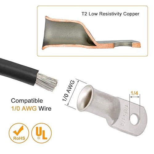 0 Gauge Tinned Copper Lugs 10 PCS 1/0 AWG - 1/4'' Cable Lugs UL Listed Terminals 1/0 Gauge Wire Lugs Battery Cable Ends 10 PCS Heavy Duty Closed End Crimp Copper Lugs with 10 PCS 3:1 Heat Shrink Tube
