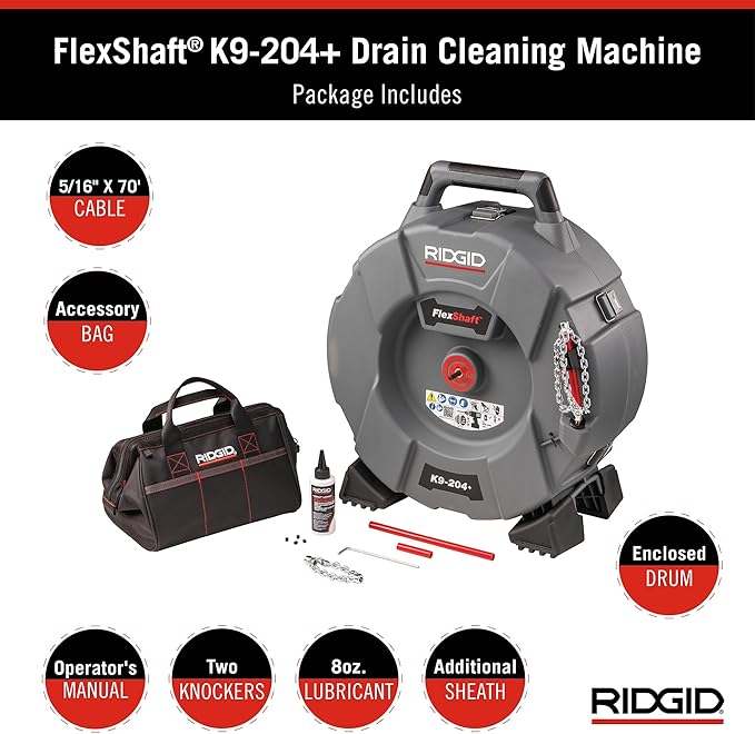 RIDGID 76198 FlexShaft K9-204+ Drain Cleaning Machine for 2" to 4" Pipe, Professional Wall-to-Wall Drain Cleaning Machine with 70' of 5/16" FlexShaft Cable