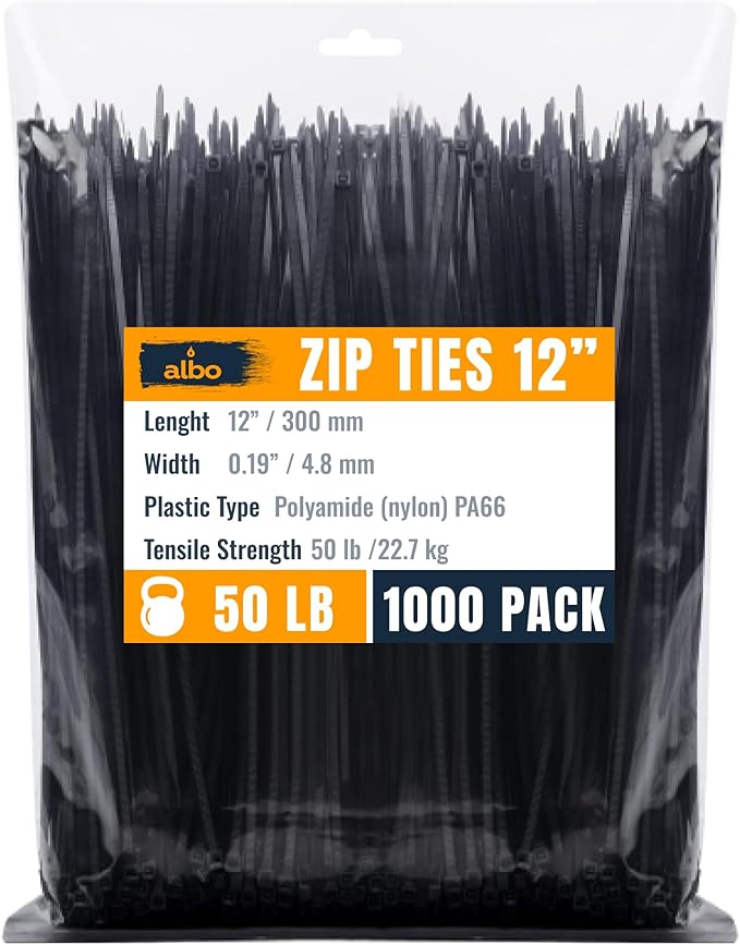 ALBO Zip Ties Black 12 Inch 1000 Pack 50 lb, Long Plastic Cable Ties Thick 0.19 Inch Tie Wraps Heavy Duty UV Resistant Nylon Wire Ties for Indoor and Outdoor