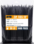 ALBO Zip Ties Black 12 Inch 1000 Pack 50 lb, Long Plastic Cable Ties Thick 0.19 Inch Tie Wraps Heavy Duty UV Resistant Nylon Wire Ties for Indoor and Outdoor