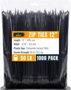 ALBO Zip Ties Black 12 Inch 1000 Pack 50 lb, Long Plastic Cable Ties Thick 0.19 Inch Tie Wraps Heavy Duty UV Resistant Nylon Wire Ties for Indoor and Outdoor