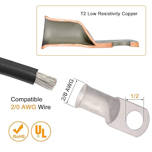 00 Gauge Tinned Copper Lugs 10 PCS 2/0 AWG - 1/2''(M12) Cable Lugs UL Listed Terminals 2/0 Gauge Wire Lugs Battery Cable Ends 10PCS Heavy Duty Closed End Crimp Copper Lugs + 10PCS 3:1 Heat Shrink Tube