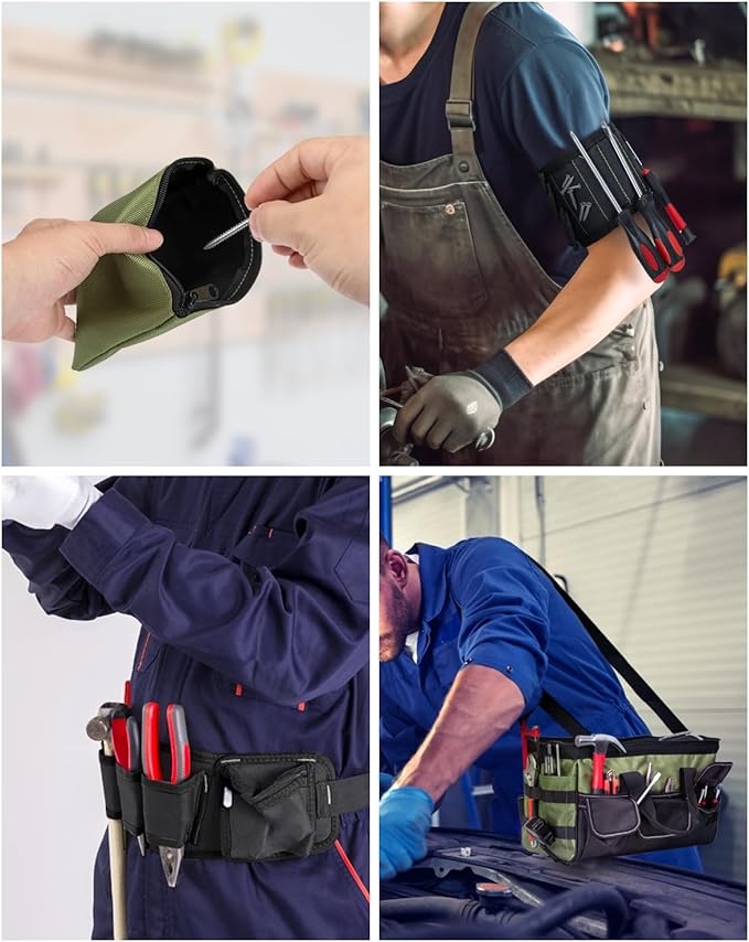 15 Inch Heavy Duty Tool Bag-48 Pockets,1680D Tear&Abrasion Resistant,Includes Tool Pouch,Tool Belt,Magnetic Wristband&Adjustable Shoulder Strap | Tool Organizer(Green)