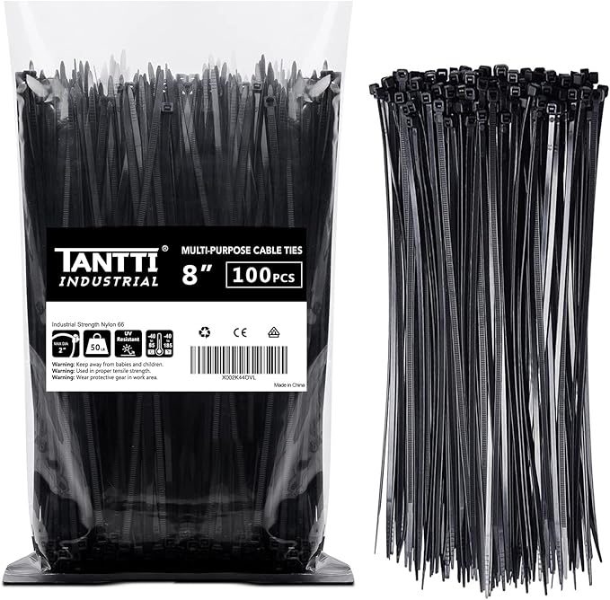 Zip Ties 8 inch Black Zip Ties with 50 Pounds Tensile Strength,Cable Ties,100 Pack, by Tantti Supply