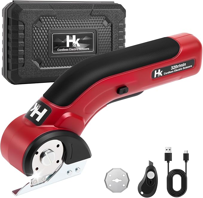 HK Cordless Electric Scissors, Rechargeable Cardboard Cutter, 4V Upgrade Motor Electric Box Cutter with 2 Blades & Safety Lock, Powerful Cutting for Cardboard Box, Plastic, Leather