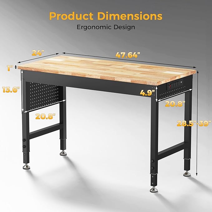 48" Adjustable Heavy Duty Workbench, 2000 LBS Load Capacity Rubber Wood Work Table with Pegboard, Power Outlets, Work Bench for Garage, Workshop, Office, Home, Commercial