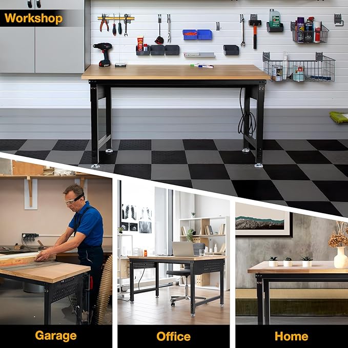 48" L×24”W Adjustable Workbench, 28”-40”Heights Heavy Duty Table 2000 LBS Load Capacity, Work Bench with Power Outlet & Pegboard, Rubber Wood Work Table for Garage, Office, Workshop, Home