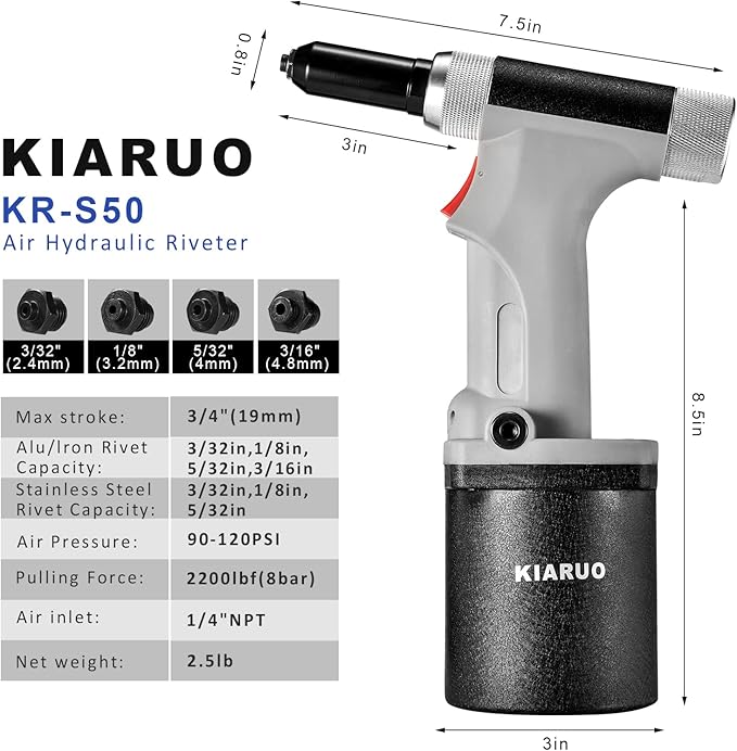Pneumatic Rivet Gun 3/16" 5/32" 1/8" 3/32",KR-S50 with 1 Set of Extra Jaws, Air Hydraulic Riveter Tool kit for Aluminium, Steel and Stainless Steel Rivets