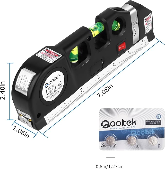 Laser Level Multi Tool, Multipurpose Cross Line Laser leveler Kit Tools with Metric Rulers 8ft/2.5M for Hanging Pictures Cabinets Tile Curtains Walls by Qooltek
