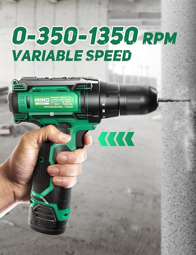 KIMO Cordless Drill/Driver Kit, 48pcs Power Drills Set w/Li-Ion Battery and Charger - 12V MAX Drills 280 In-lb Torque, 18+1 Metal Clutch, 3/8" Keyless Chuck, Built-in LED-Drill for Wood Bricks