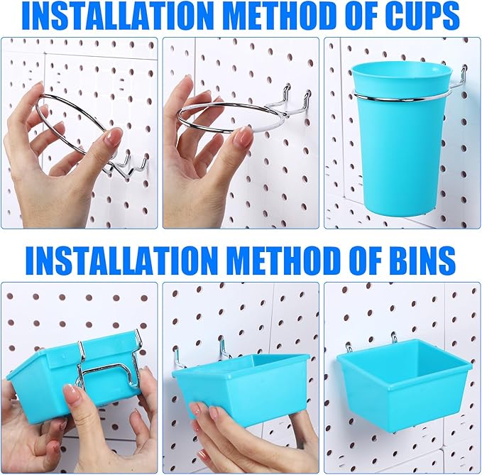 64 Pieces Pegboard Bins Pegboard Cups with Hooks and Loops Peg Hooks Assortment Organizer Accessory for Organizing Accessories Tools Storage Office Workshop Garage Workbench (Blue)