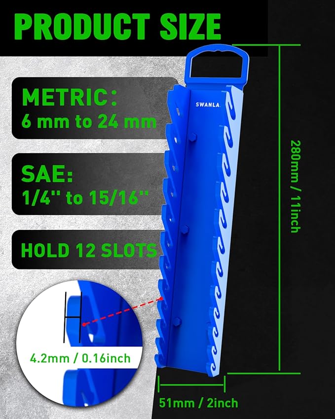 SWANLAKE 2-Piece Magnetic Wrench Organizer Toolbox Holder, SAE (1/4'' to 15/16''), Metric (6mm to 24mm) Ratchet Wrench Organizers, Total Hold 24 Slots Wrenches Holder for Tool Box
