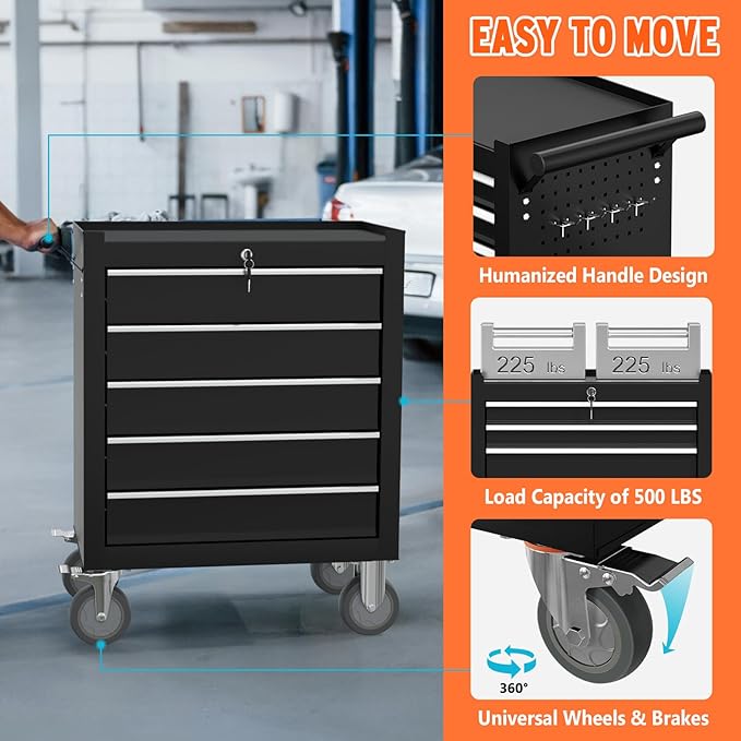 5-Drawer Rolling Tool Chest with Wheels, Metal Tool Box, Large Capacity Tool Storage Cabinet with Keyed Locking, Tool Organizer Box for Garage, Workshop, Warehouse -Black