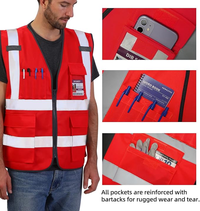 Dib Safety Reflective Vest High Visibility with Pockets and Zipper, Red 3XL
