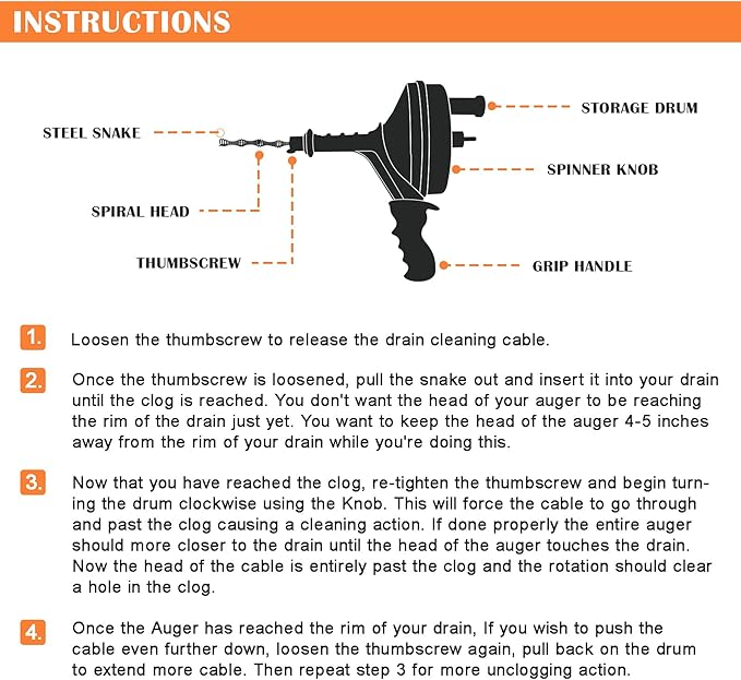 BACOENG 25Ft Drain Auger, Heavy Duty Plumbing Snake with Drill Adapter, Use Manually or Powered for Drain Clog, Shower Sink, Comes with Gloves and Bag (Orange)