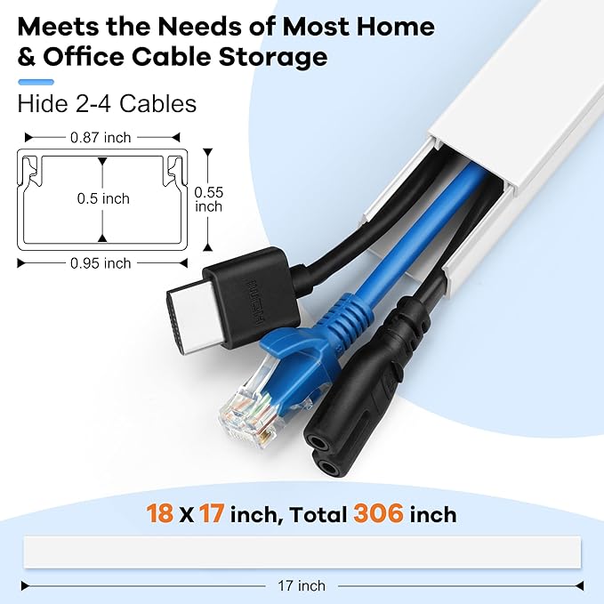 306in Cord Hider Kit, Cord Covers for Wires on Wall, Paintable Wire Cover for Cords, Cable Hider for Wall Mounted TV, White Cord Concealer, Cable Raceway Wire Management, 18xL17in x W0.95in x H0.55in