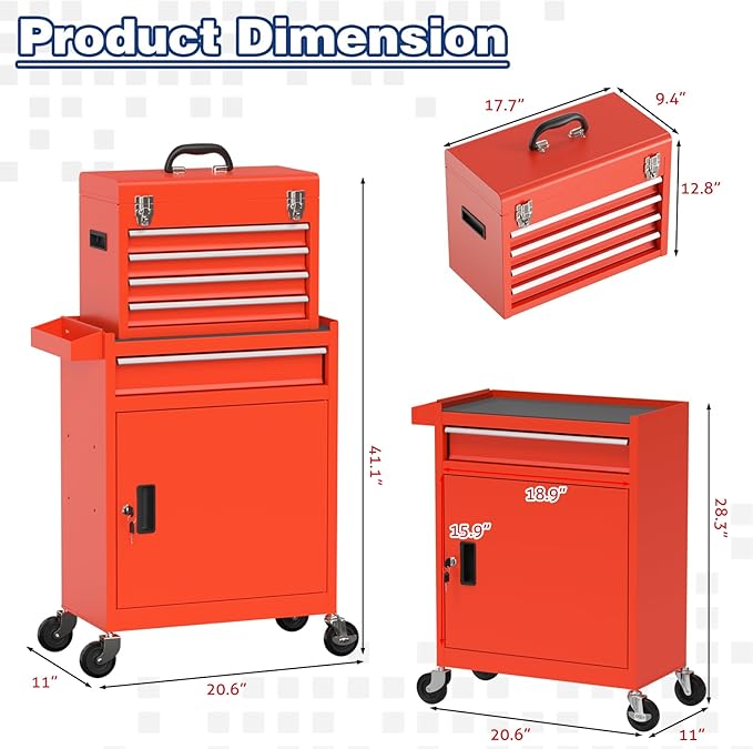 Rolling Tool Box with Wheels, 5-Drawer High Capacity Tool Chest with Wheels, Removable Storage Toolbox with Lock for Garage, Workshop
