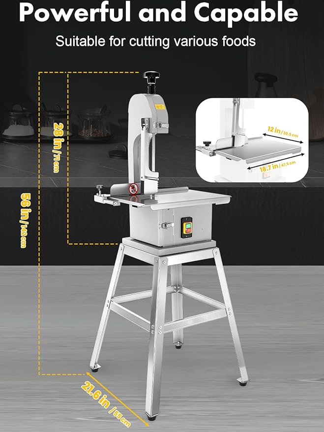 EQUCKKY 2200W Electric Meat Saw Bandsaw, Commercial Bone Saw, Stainless Steel Meat Cutter Machine, Adjustable Thickness 0.04-7.8", Meat Cutting Machine for Butcher Shop & Home