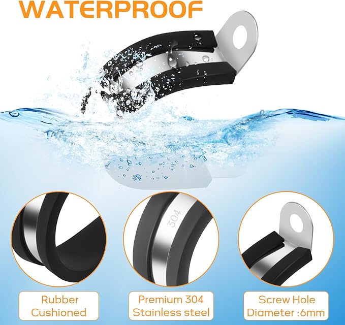 20 Pcs 1/2 Inch 304 Stainless Steel Cable Clamp, Rubber Cushioned Insulated Clamp, Conduits Pipe Strap Clamps for Pipe Fixing on Various Surfaces