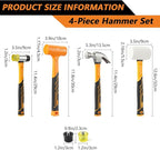 Hammer Set 4-Piece with Fiberglass Handle,1LB Dead Blow Hammer,16oz White Rubber Mallet,35mm Double-Faced Soft Mallet,16oz Claw Hammer for Flooring,Woodworking, Camping, Crafts