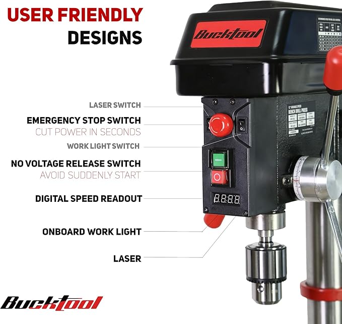 BUCKTOOL 12 INCH 6.2A Professional Bench Drill Press, 3/4HP Powerful Benchtop Drill Press, Variable Speed Drill Press with IIIA Laser and Work Light