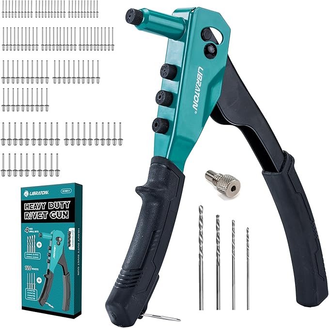 Libraton Rivet Gun Kit, Pop Rivet Gun, Heavy Duty Rivet Tool, Professional Hand Riveter, Manual Riveting Tool with 120 Blind Rivets, 4 HSS Drill Bits, 4 Tool-free Interchangeable Heads