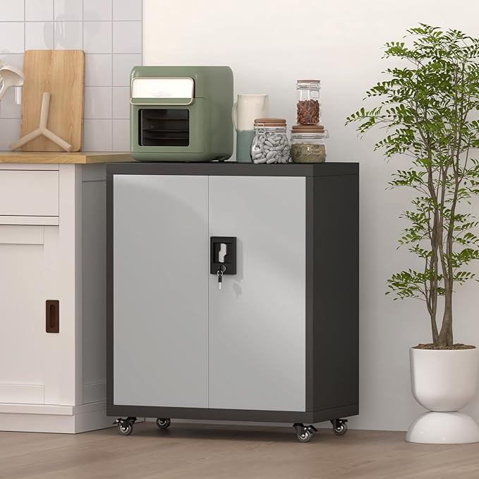 Metal Garage Storage Cabinet with Wheels,31.89" H Steel Lockable Cabinet with 2 Doors and 1 Adjustable Shelf, Small Rolling Cabinets for Home Office, Garage, BlackGrey