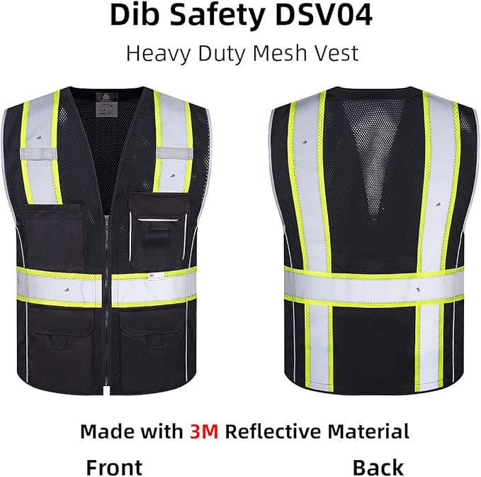 Dib Safety Vest Reflective Black Mesh, High Visibility Vest with Pockets and Zipper, Heavy Duty Vest Made with 3M Reflective Tape 2XL