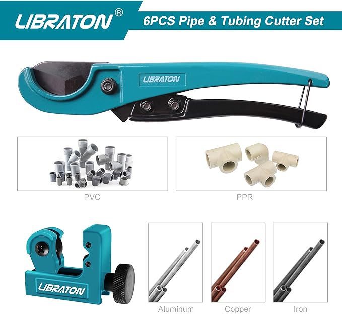Libraton Pex Cutter 1-1/4", Pex Pipe Cutter, PEX Tube Cutter 1/8" to 7/8", PEX Pipe Cutting Tools for PEX, PVC (Thin), PPR Plastic, Extra PTFE Seal Tapes 400"