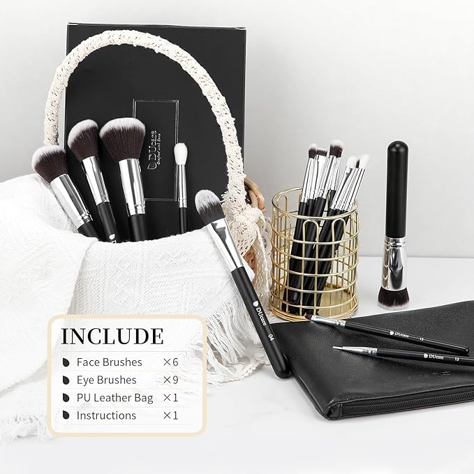 DUcare 15pcs Classic Black Makeup Brush Set with Bag Professional Soft Synthetic Foundation, Blending, Eyeshadow, Powder, Concealer Brushes for Flawless Makeup Application-VeraVaultWomen