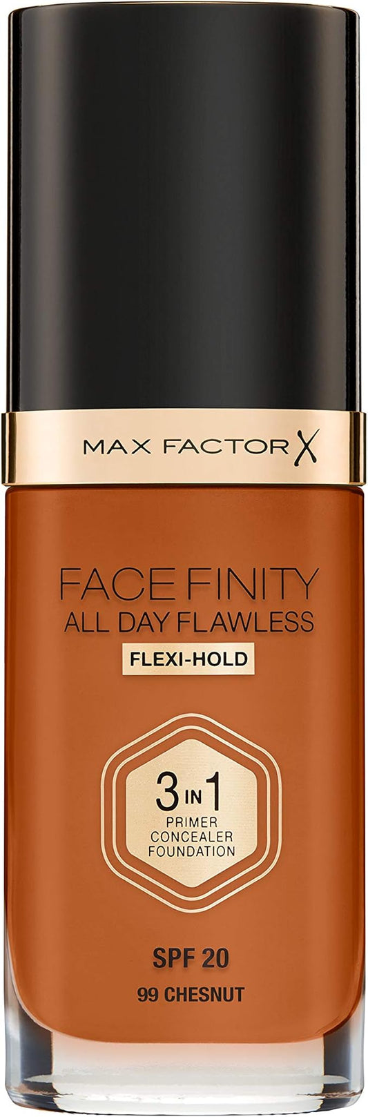 Max Factor Facefinity 3-in-1 All Day Flawless Liquid Foundation, SPF 20-99 Chestnut, 30 ml-VeraVaultWomen