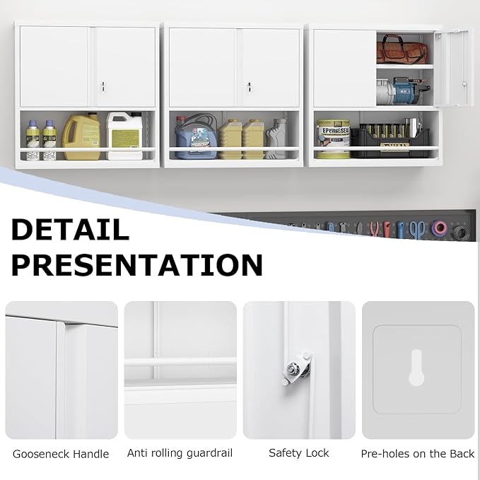 Metal White Cabinet Wall Mounted, Small Wall Storage Cabinets with 2 Door Adjustable Shelves, Bathroom Metal Wall Cabinet Over Toilet for Laundry Room Kitchen, Garage