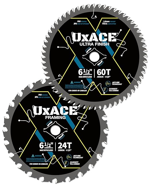 6-1/2-Inch 24&60-Tooth Circular Saw Blade with 5/8-Inch Arbor, Framing & Ultra Finish Wood Cutting, Carbide Tip, Thin Kerf, for Plywood, MDF, OSB, Laminated, 2 Pack