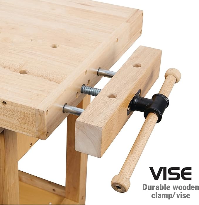 Olympia Tools 60-Inch Rubber Hardwood Workbench with 4-Drawers - 450lbs Weight Capacity Heavy Duty Portable Wood Work Bench Table for Garage, Workshop, Home Storage - Woodworking Wooden Workbenches