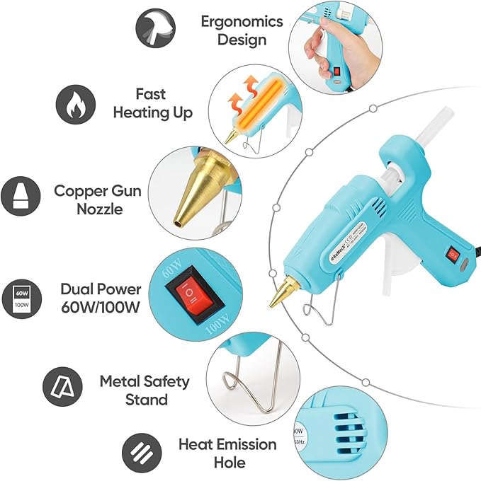 ROMECH Full Size Hot Glue Gun with 60/100W Dual Power and 21 Hot Glue Sticks (7/16"), Fast Preheating Heavy Duty Industrial Gluegun with Storage Case for Crafting, DIY and Repairs (Cyan)